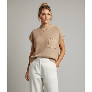 Tan Ribbed Knit Mock Neck Size Small Sweater with Pocket Preppy Classic